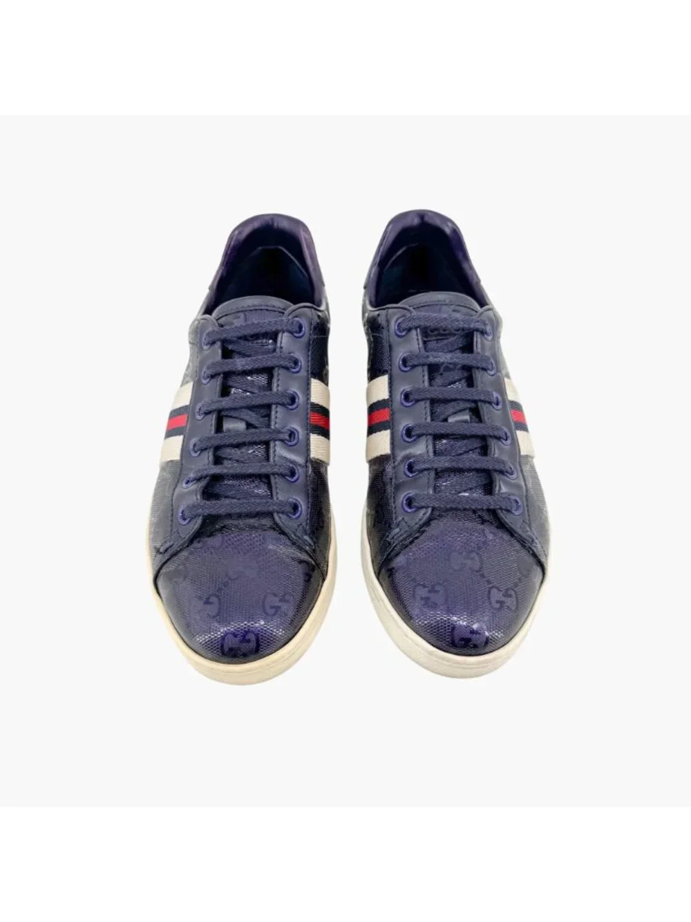Gucci Low Top Sneakers EU 37 US 7 Navy Blue GG Monogram Impreme Logo Ace Shoe